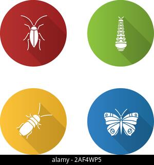 Les insectes modèle plat long shadow glyphe icons set. Cancrelat, Caterpillar, papillon, insecte de puanteur. Silhouette Vector illustration Illustration de Vecteur