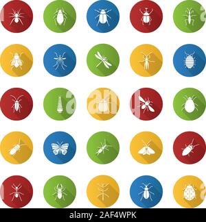 Design plat insectes glyphe ombre portée de l'icône. Les bogues. Collection d'entomologiste. Perce-oreille, papillon, stag bug, papillon, phasmides, ant, mantis, spider. Sil vecteur Illustration de Vecteur