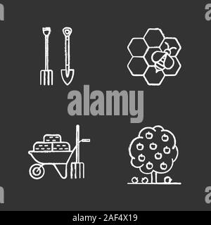 Chalk Agriculture icons set. Pelle et brouette, fourche avec Hays, l'apiculture, l'arbre fruitier. Vector illustration tableau isolé Illustration de Vecteur