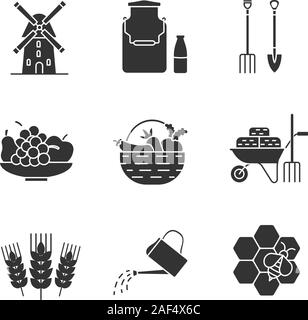 Glyphe d'Agriculture icons set. L'agriculture. Moulin, le lait peut, fourche, pelle, fruits, légumes, brouette, épis de blé, d'arrosoir, l'apiculture. Illustration de Vecteur