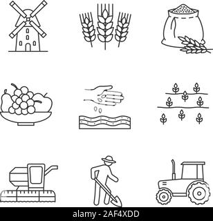 Icons set linéaire de l'agriculture. L'agriculture. Moulin, épis de blé, farine, fruits, sac semis, champ, la moissonneuse-batteuse, agriculteur, tracteur. Fine ligne contou Illustration de Vecteur