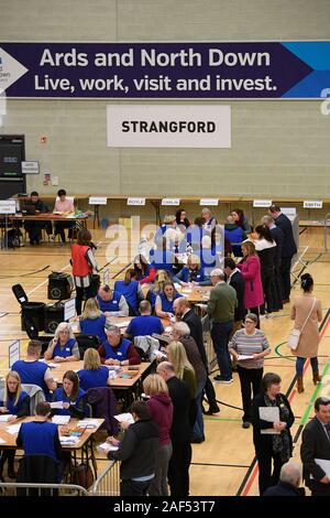 Les boîtes de scrutin sont ouverts et les votes comptés pour le Strangford circonscription du Royaume-Uni Élection générale à l'Aurora et le complexe de loisirs aquatiques, Bangor, Irlande du Nord. Banque D'Images