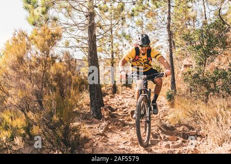 Le mâle en mountainbike entre arbres dans le sud de la France Banque D'Images