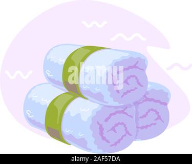 Trois serviettes chaudes roulé bleu isolé sur fond blanc. L'élément de bien-être, spa pour la conception. Salle de bains télévision Vector illustration. Massage Salon de modèle. Ensemble de serviettes en coton plié. Icône de sauna, station. Illustration de Vecteur