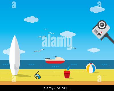 Sunny Beach landscape action cam tir avec ciel clair, planche de surf, ball, voile, tuba et pot de sable Illustration de Vecteur