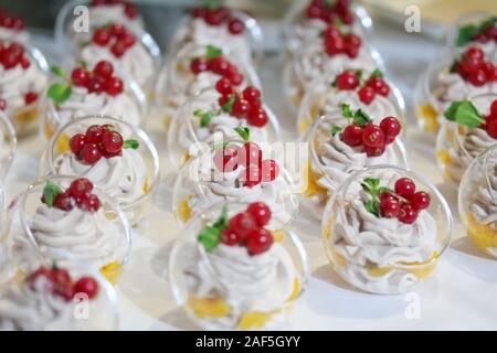 Minis gâteaux décorés avec de la crème fouettée et de groseille rouge. Sweet de savoureux en-cas à la partie. La photographie culinaire. Beaucoup de morceaux de pâte sur la plaque. Banque D'Images