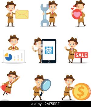 Ensemble d'homme de caractère détective dans une enquête. Illustration de Vecteur