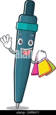 Happy face stylo style mascotte de défilement, gesticulant, holding Shopping bag Illustration de Vecteur