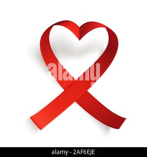 Ruban rouge en forme de coeur réaliste plus isolé sur fond blanc, symbole de la journée mondiale du sida, 1er décembre. Journée mondiale contre le cancer, symbole 4 février. Modèle caractéristique de conception Illustration de Vecteur