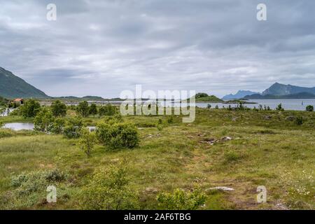 Cercle arctique paysage fjord avec green shore et dispersés de falaises, tourné dans des nuageux lumière près de Kleppstad, Lofoten, Norvège Banque D'Images