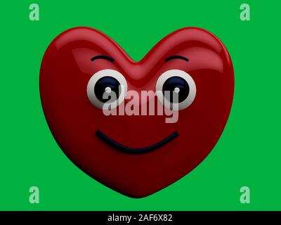 Coeur avec une expression du visage heureux avec une touche de chrome vert contexte - Concept de rendu 3D Banque D'Images