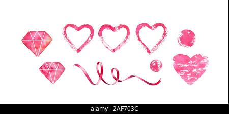 Valentines Day graphiques défini.. Des éléments isolés d'Aquarelle : coeur, ruban, diamant. Illustration peinte à la main pour les vacances, cartes de voeux, bannières Banque D'Images