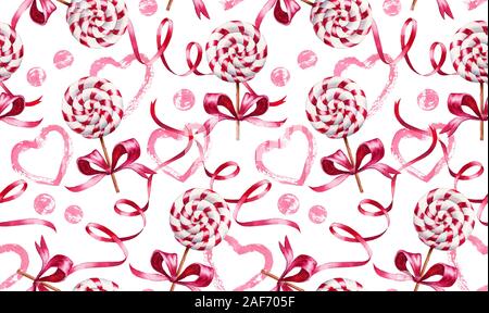 Motif transparent aquarelle. Valentines Day design avec cœur et bonbons. Illustration peinte à la main avec ruban rouge lollypop, et le décor. Surface design Banque D'Images