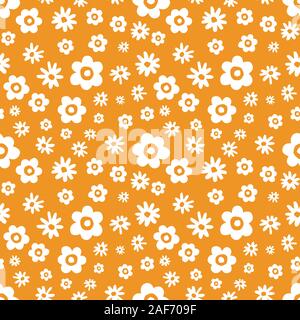 Petite échelle graphique Retro Seamless Vector Floral Pattern. La main blanche simpliste marguerites fleurs éparses, sur fond jaune moutarde. Un minimum de Illustration de Vecteur