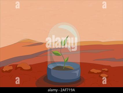 Plantes vertes sur la surface de Mars, la planète rouge Close up, vector illustration Illustration de Vecteur