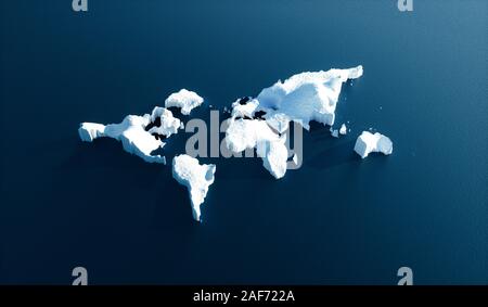 Effet du réchauffement planétaire dans la nature. Image conceptuelle de la fonte des glaciers en forme de globe terrestre dans l'eau d'un bleu profond. 3d illustration. Banque D'Images