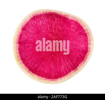Tranche de pastèque rouge frais radis isolé sur fond blanc Banque D'Images