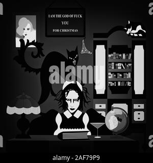 Illustration d'une femme de ménage avec un chat en colère sur son a Banque D'Images