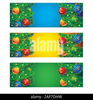 Bannière horizontale de l'arbre de Noël avec des boules de verre ornements garland et image d'un cerf. Image vectorielle. Illustration de Vecteur
