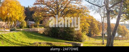 Ile de Vassivière, Lac de Vassivière, Creuse, France, Nouvelle-Aquitaine maintenant un lieu d'art avec jardin de sculptures. Panorama du parc en automne Banque D'Images