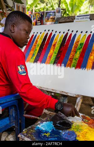 La Tanzanie. Le MTO wa Mbu. Dans la peinture de l'artiste "Kisu" (couteau) Style. Banque D'Images