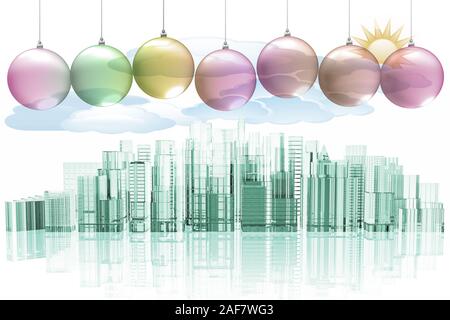 3D illustration. Avec décoration de Noël sur les toits de la ville historique avec ses palais et ses gratte-ciel. Banque D'Images