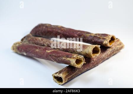 Gâteries pour chiens en bonne santé. Bœuf séché oesophage de première qualité. Focus sélectif. Close-up. Fond clair. Banque D'Images