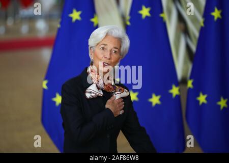 (191213) -- Bruxelles, 13 déc 2019 (Xinhua) -- Le Président de la Banque centrale européenne, Christine Lagarde arrive pour le sommet de l'UE à l'Union européenne siège à Bruxelles, Belgique, le 13 décembre 2019. (Xinhua/Zhang Cheng) Banque D'Images