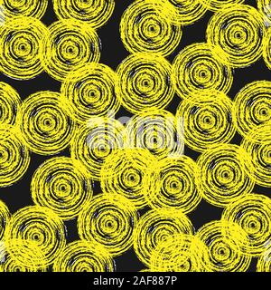 Modèle sans couture de cercles jaunes sur fond noir de coups de pinceau pour le textile, l'emballage, l'impression papier, simple et de textures. Illustration de Vecteur