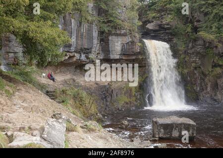 Un homme et son chien voir Thornton vigueur chute du sentier des chutes d''Ingleton dans le Yorkshire Dales National Park Banque D'Images