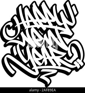 Bonne Année en lettrage style graffiti. Contour noir isolé sur fond blanc. Illustration de Vecteur