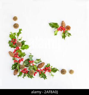 Holly naturel Carte de Noël arrière-plan avec copie espace pour un holiday greeting sur blanc disposés comme un coin décoration en format carré Banque D'Images