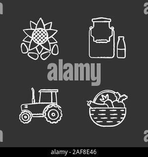 Chalk Agriculture icons set. L'agriculture. Le lait peut et bouteille, tracteur, avec tête de tournesol Graines, les légumes dans le panier. Tableau Vecteur isolé illust Illustration de Vecteur