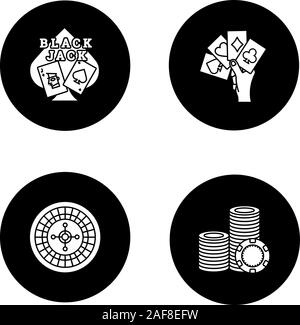 Glyphe de Casino icons set. Blackjack, quatre as dans la main, la roulette, pile de jetons. Vector silhouettes blanc illustrations de cercles noirs Illustration de Vecteur