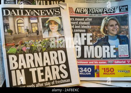 Première page des journaux de New York le vendredi 13 décembre 2019 rapport sur l'assassinat de Barnard College student Tessa Majors dans Morningside Park apparemment par un treize ans et ses acolytes.(© Richard B. Levine) Banque D'Images