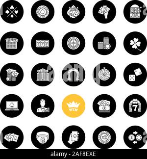 Glyphe de Casino icons set. Les jeux d'argent. Jeux cartes. Vector silhouettes blanc illustrations de cercles noirs Illustration de Vecteur