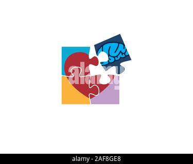 Coeur coeur amour drwan jeu de puzzle sur mais manque un morceau puis remplacé par morceau de cerveau Illustration de Vecteur