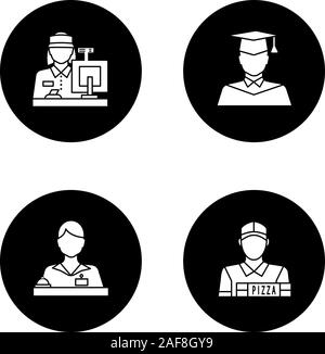 Glyphe Professions icons set. Professions. Réceptionniste, secrétaire, caissier, livreur de pizza, étudiant diplômé. Vector illustration silhouettes blanches Illustration de Vecteur