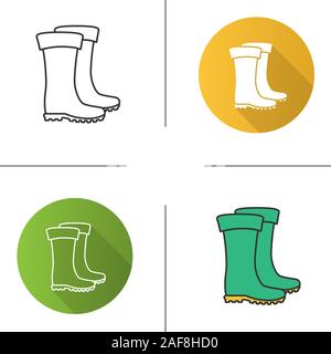 Bottes de caoutchouc icons set. Modèle plat, linéaire, noir et couleurs. Chaussures imperméables. Du matériel de pêche. Illustrations vectorielles Illustration de Vecteur