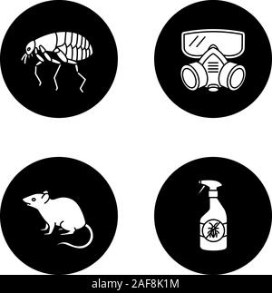 Glyphe antiparasitaires icons set. Répulsif insectes, marché aux puces, un respirateur, rongeur. Vector silhouettes blanc illustrations de cercles noirs Illustration de Vecteur