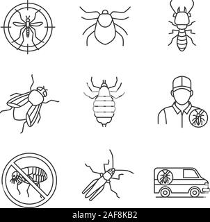 Linéaire antiparasitaires icons set. Voiture de destructeur, sauterelle, arrêter les puces signe, termite, mouche, moustiques, poux, acariens cible. Fine ligne contour sy Illustration de Vecteur