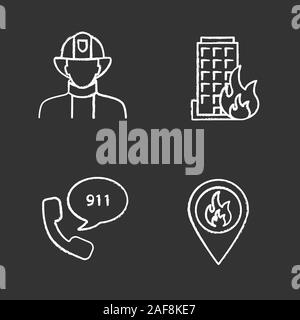 Chalk incendie icons set. Lieu de l'incendie, pompier, maison en feu, l'appel d'urgence. Illustrations vectorielles chalkboard Illustration de Vecteur