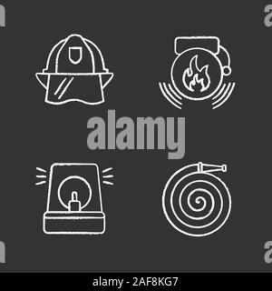 Chalk incendie icons set. Le tuyau d'incendie, casque, alarme, sirène de pompier. Illustrations vectorielles chalkboard Illustration de Vecteur