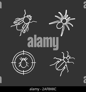 Chalk antiparasitaires icons set. Cible d'acariens, Zabre, araignée, mouche domestique. Illustrations vectorielles chalkboard Illustration de Vecteur