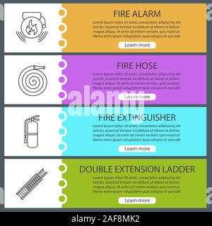 Modèles de page web de lutte contre les incendies. Sac d'alarme, le tuyau d'incendie, l'extincteur, double échelle de prolongation. Couleur du site Menu avec icônes linéaire. Vector Illustration de Vecteur