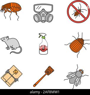 Pest control color icons set. Respirateur, puces, cafards, insectifuge, piège à souris, rongeurs, doryphore, mouche, tapette à mouche. Mauvais vecteur isolé Illustration de Vecteur