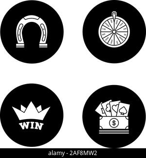 Glyphe de Casino icons set. La couronne du vainqueur, fer à cheval, de l'argent réel casino, roue de la fortune. Vector silhouettes blanc illustrations de cercles noirs Illustration de Vecteur