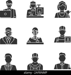 Glyphe Professions icons set. Professions. Plombier, livreur, réceptionniste, femme de chambre, garde du corps, homme de spectacle, employée de bureau, technologiste, caissier. Silho Illustration de Vecteur