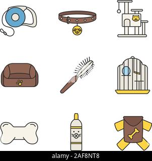 Animaux domestiques couleur fournitures icons set. Animaux domestiques plomb, collier de chien, chat, animal house Bed, fourrure pinceau, birdcage, mâcher os, bouteille de shampooing, vêtements. Vecteur isolé Illustration de Vecteur