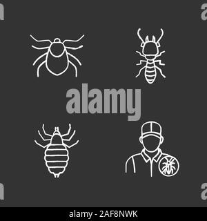 Chalk antiparasitaires icons set. Mite, termite, exterminateur, pou. Illustrations vectorielles chalkboard Illustration de Vecteur